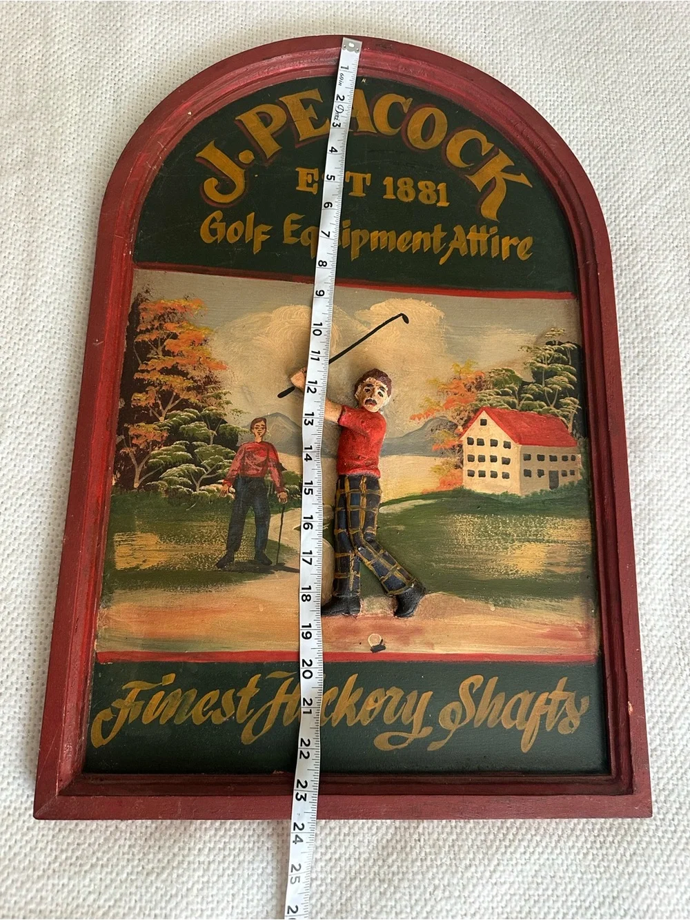Vintage J. Peacock Golf Equipment Attire 3D Wood Wall Sign Plaque Hickory Shafts